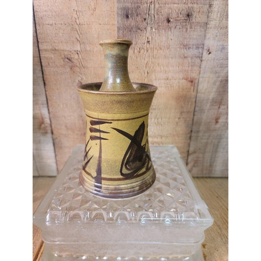 Asain Design Signed Candle Holder Pottery